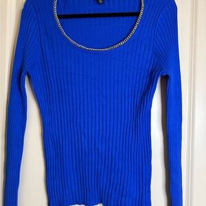 INC International Concepts Vibrant Blue Ribbed Sweater with Chain Detail